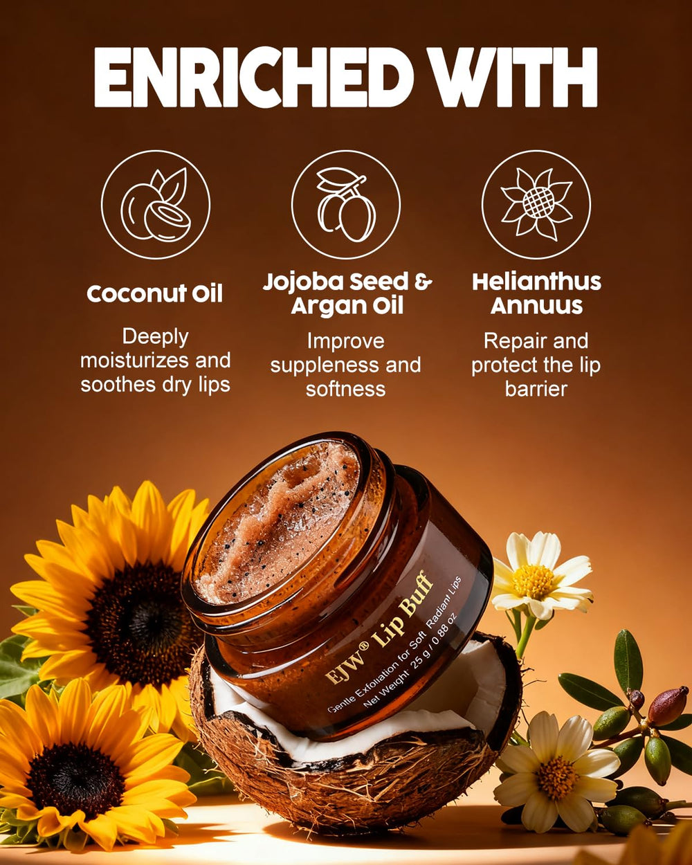 EJW Lip Scrub with brown sugar and coffee particles visible for gentle, polish-like exfoliation.