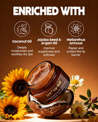 EJW Lip Scrub with brown sugar and coffee particles visible for gentle, polish-like exfoliation.