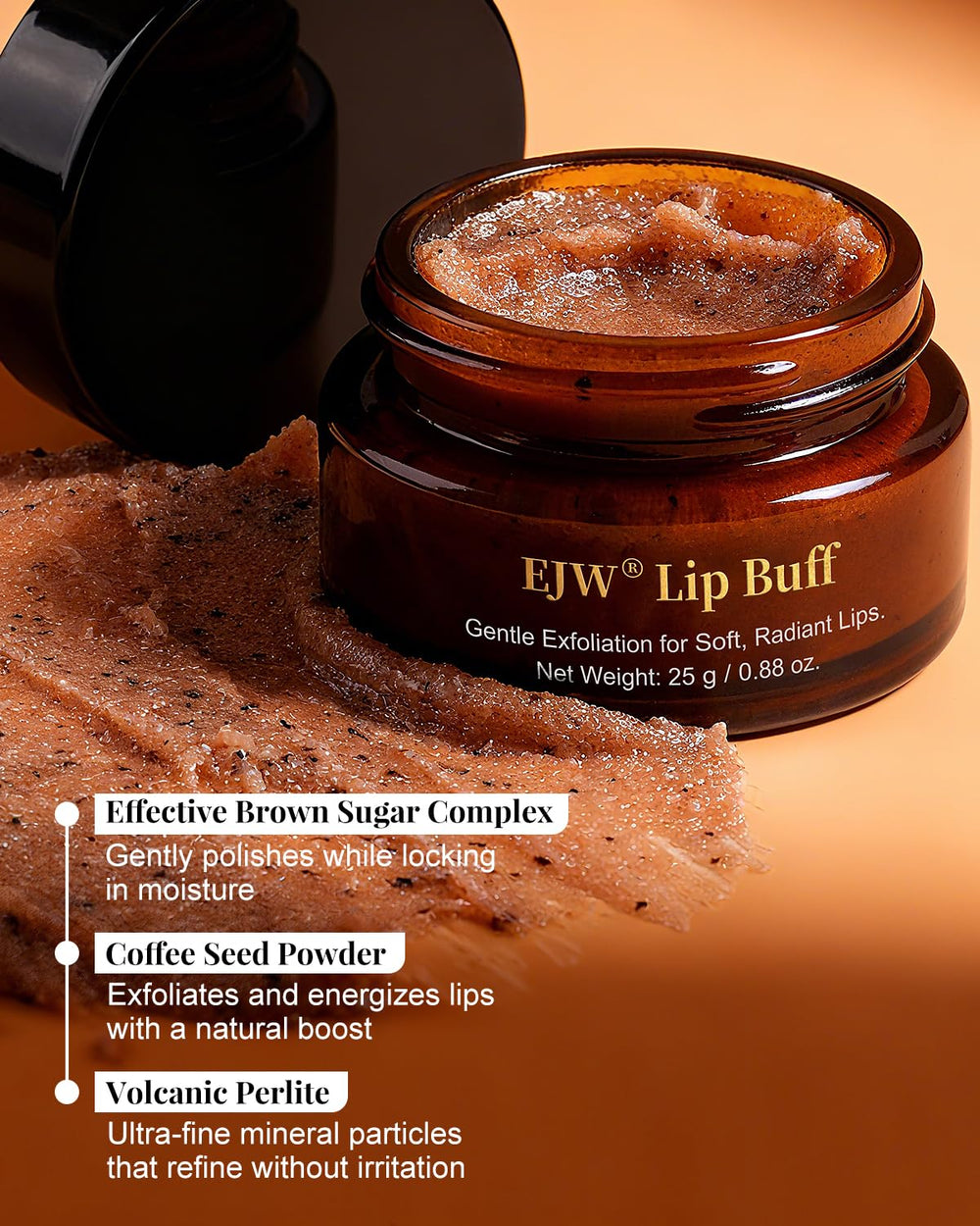 EJW Triple-Action Lip Scrub creamy texture close-up highlights brown sugar and coffee exfoliants.