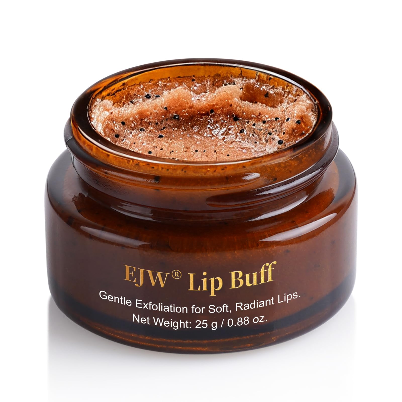 EJW Triple-Action Lip Scrub jar close-up showing creamy texture for gentle exfoliation and hydration.