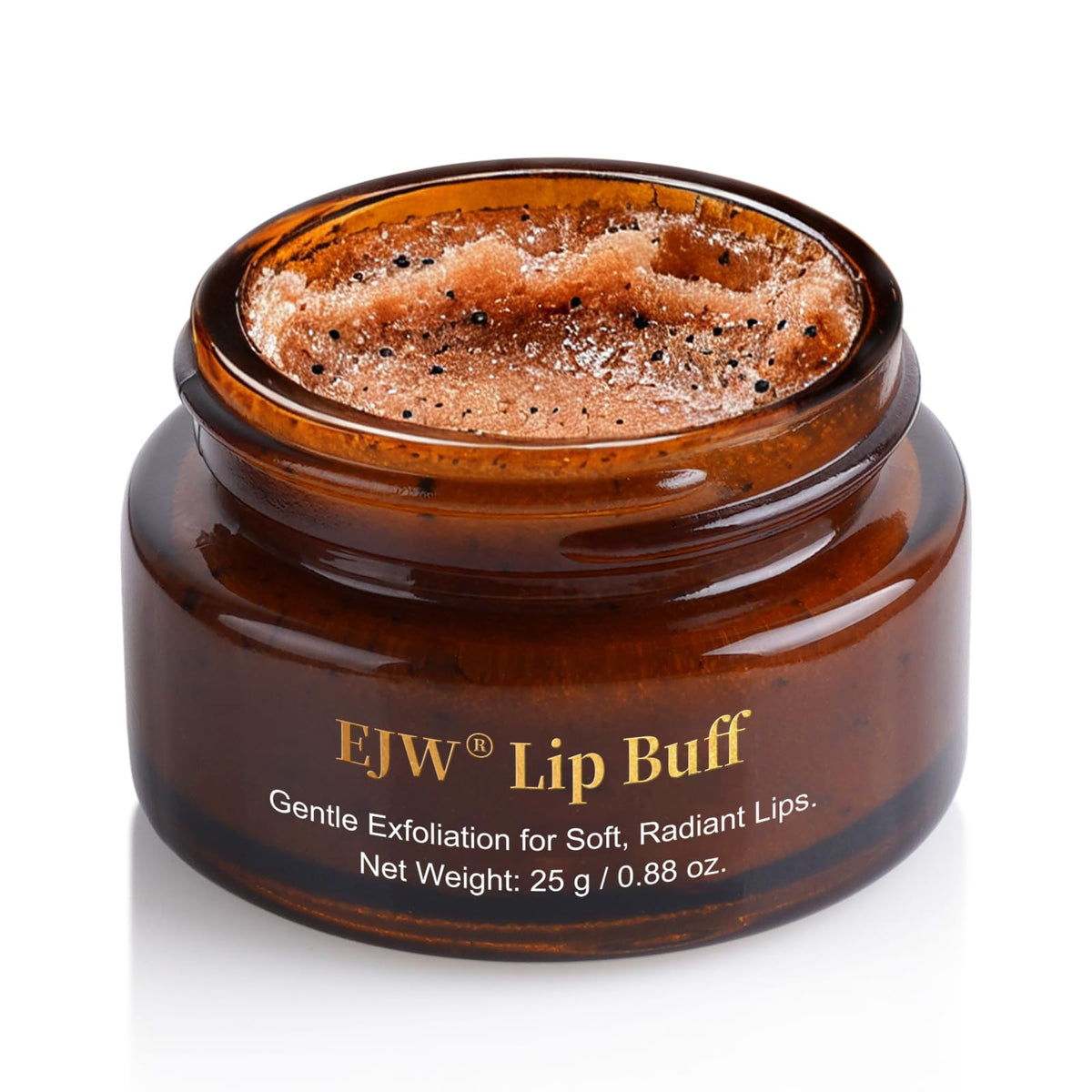 EJW Triple-Action Lip Scrub jar close-up showing creamy texture for gentle exfoliation and hydration.