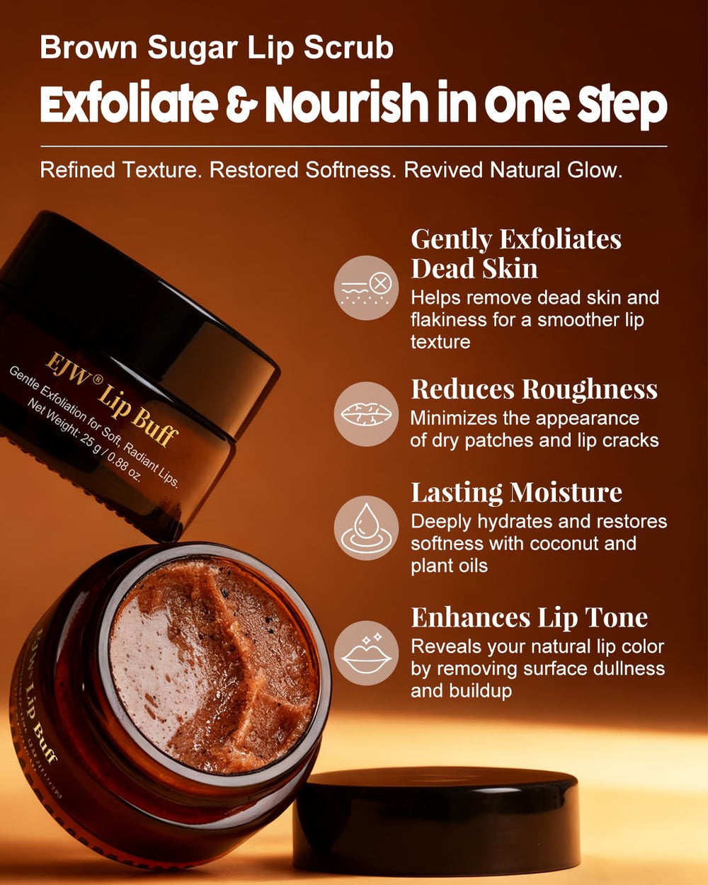 EJW Lip Scrub volcanic perlite shown for light, non-gritty texture and even smooth lips.
