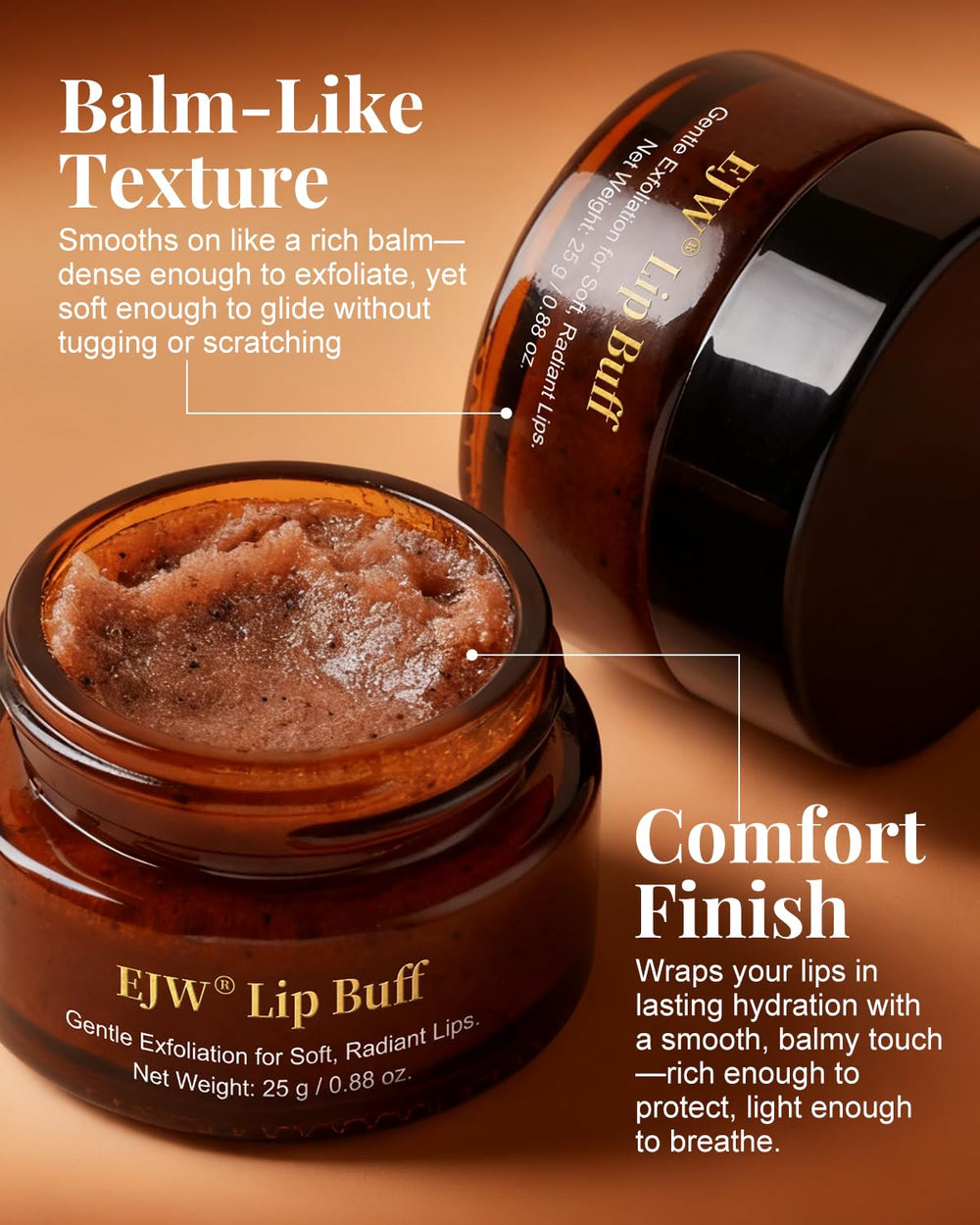 EJW Triple-Action Lip Scrub vegan cruelty-free label indicating clean, ethical lip care.