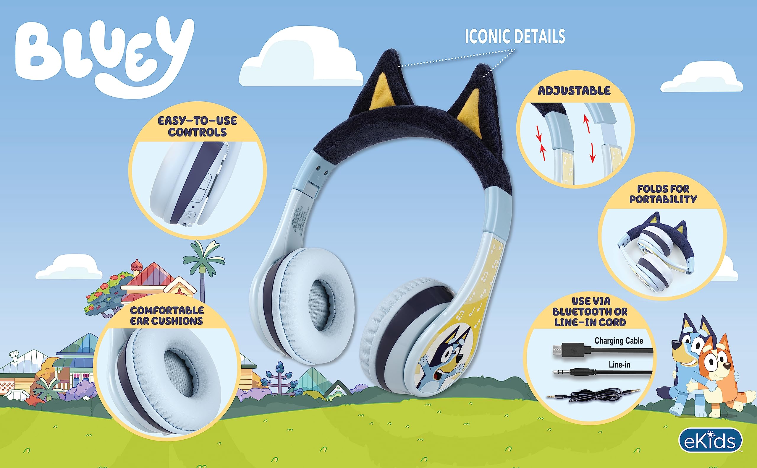 ekids Bluey headphones showing adjustable headband for a secure fit