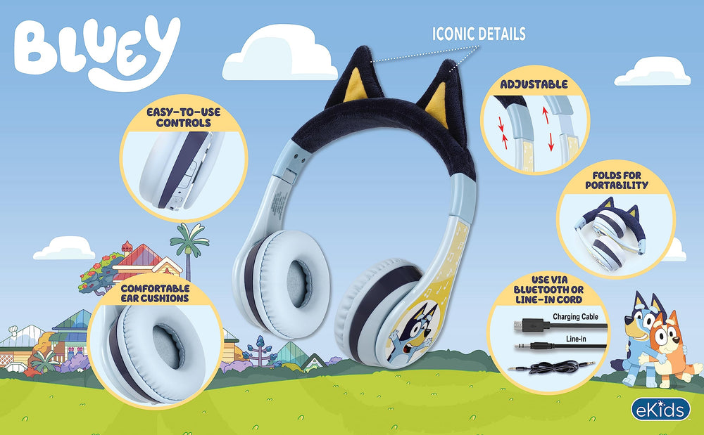 ekids Bluey headphones showing adjustable headband for a secure fit
