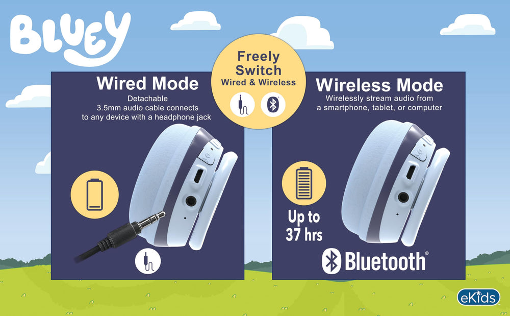 ekids Bluey headphones folded for travel and portability
