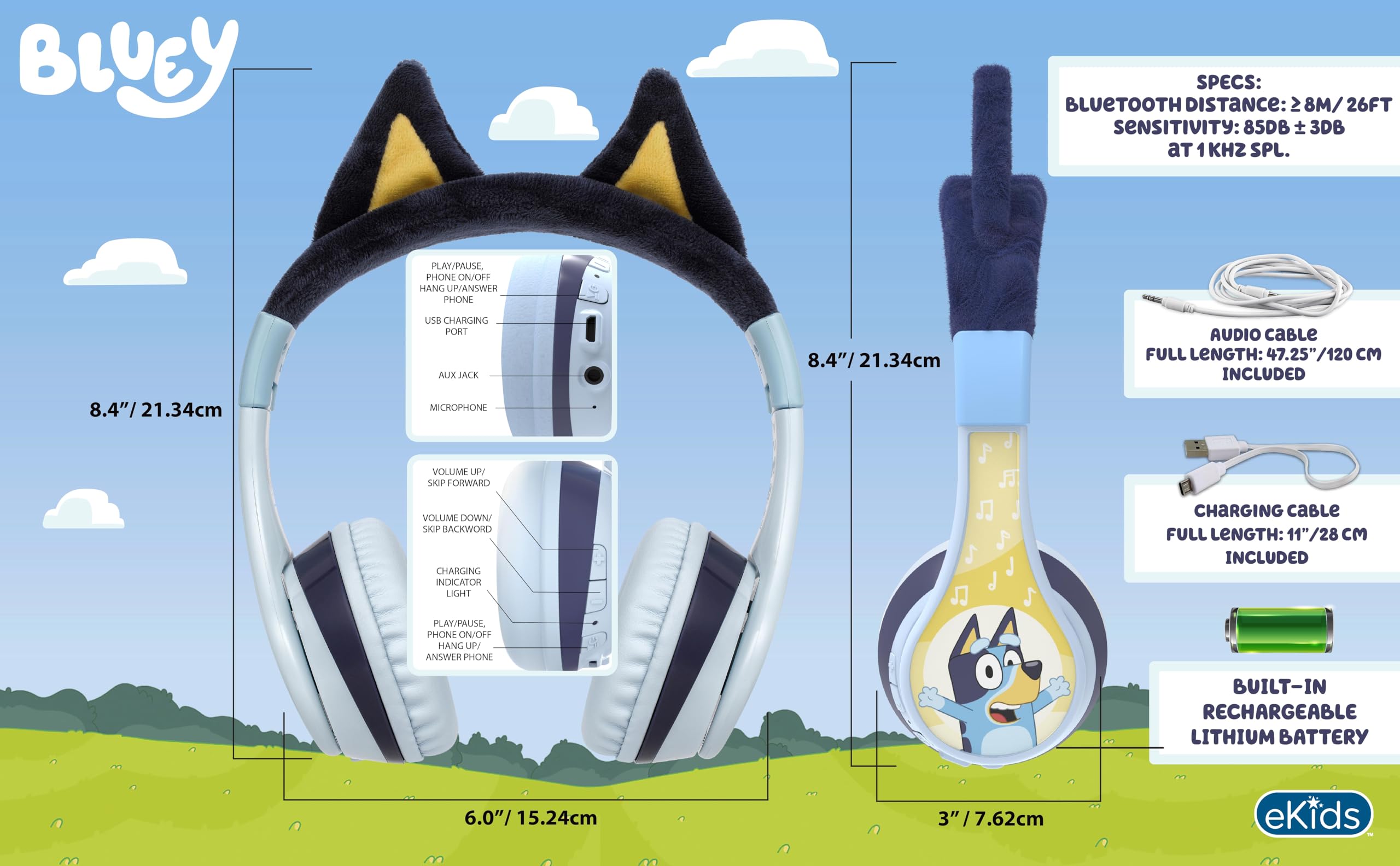 ekids Bluey headphones with included 3.5mm cable for wired listening