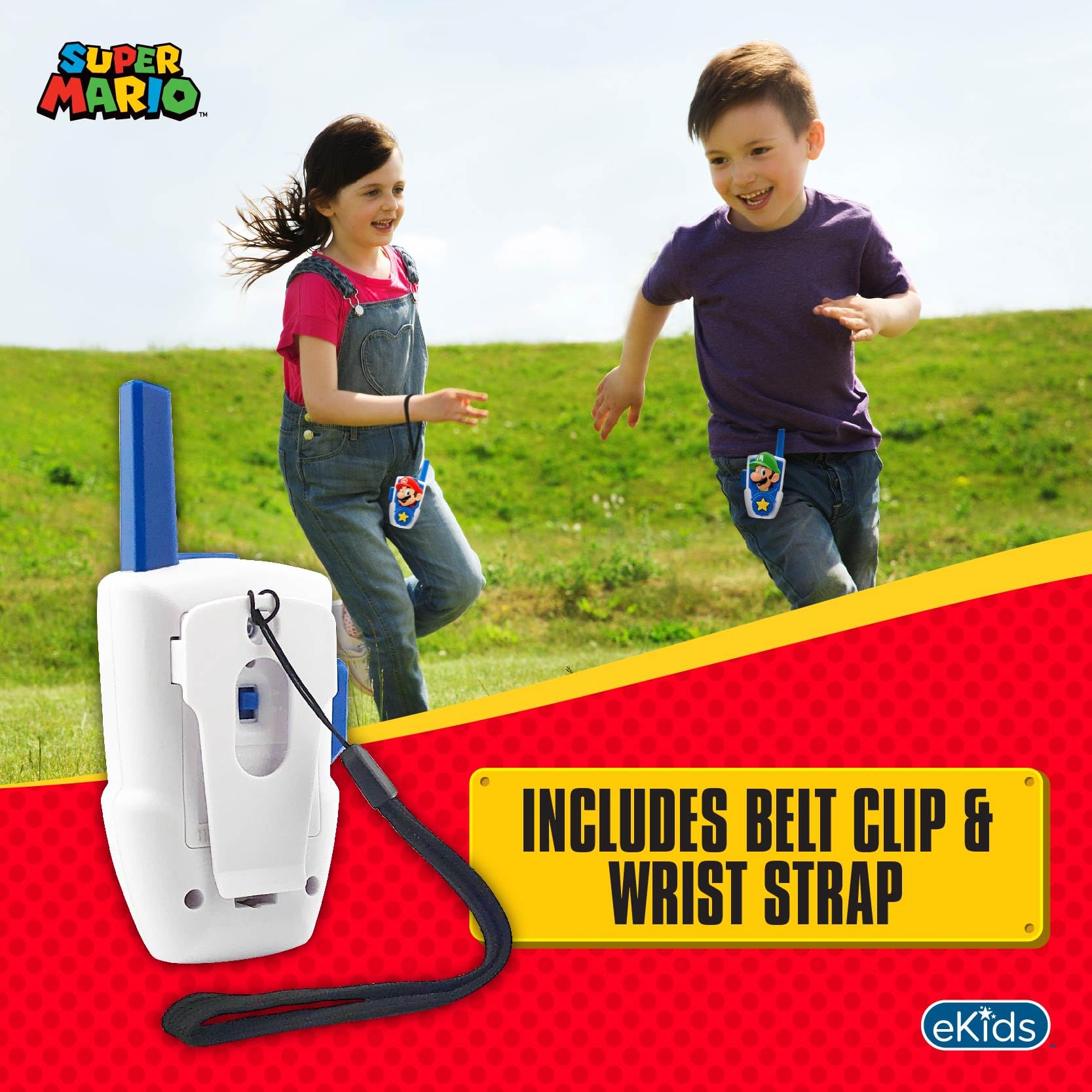 eKids kids outdoor play image shows two-way radios in action for park adventures.