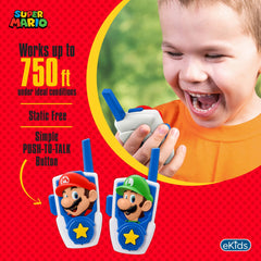 eKids Mario walkie talkies button closeup emphasizes easy push-to-talk control for kids.