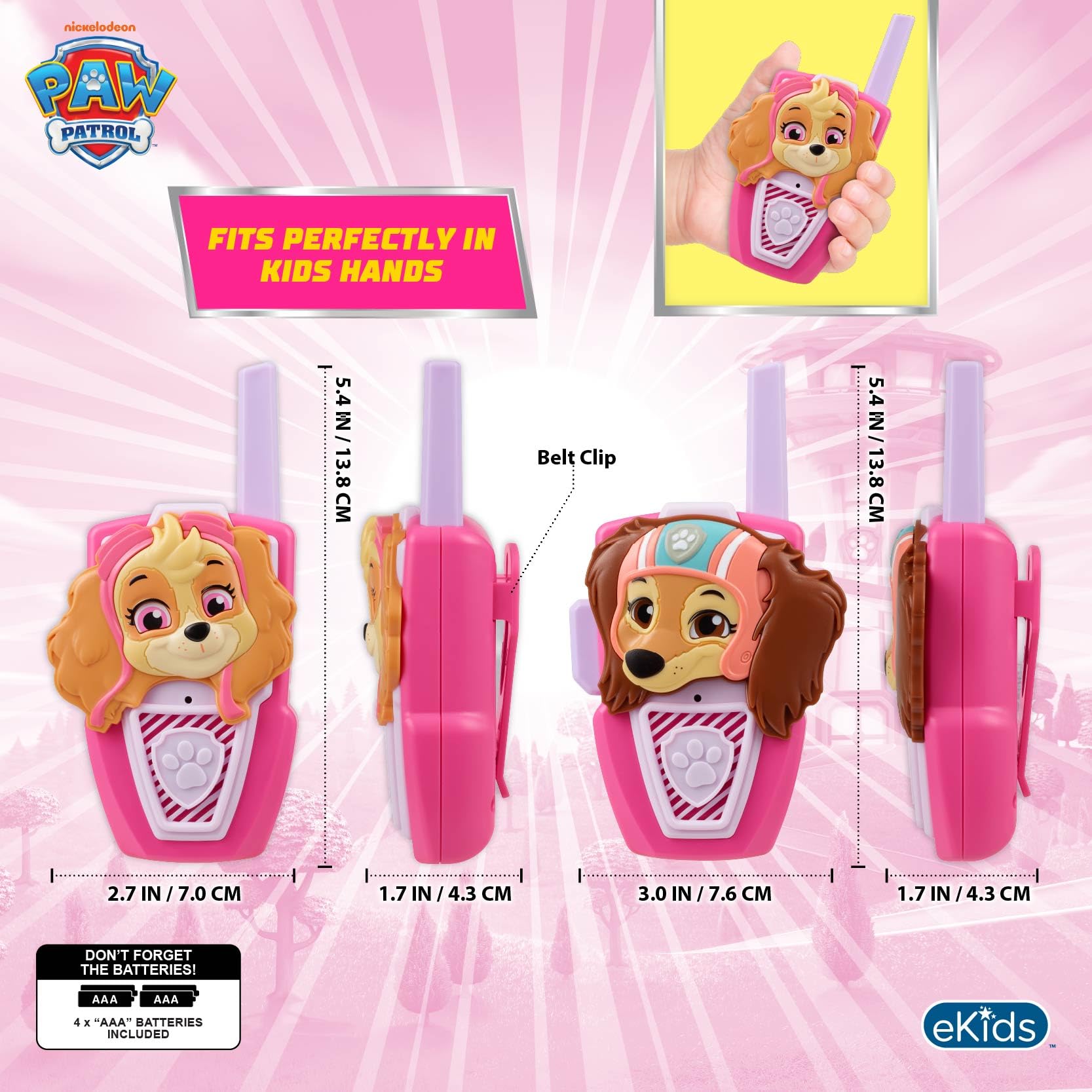 ekids Paw Patrol walkie-talkie in use by a child during play.