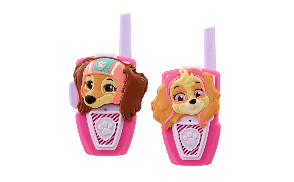 ekids Paw Patrol walkie-talkies packaging featuring Skye and Liberty, ideal gift.