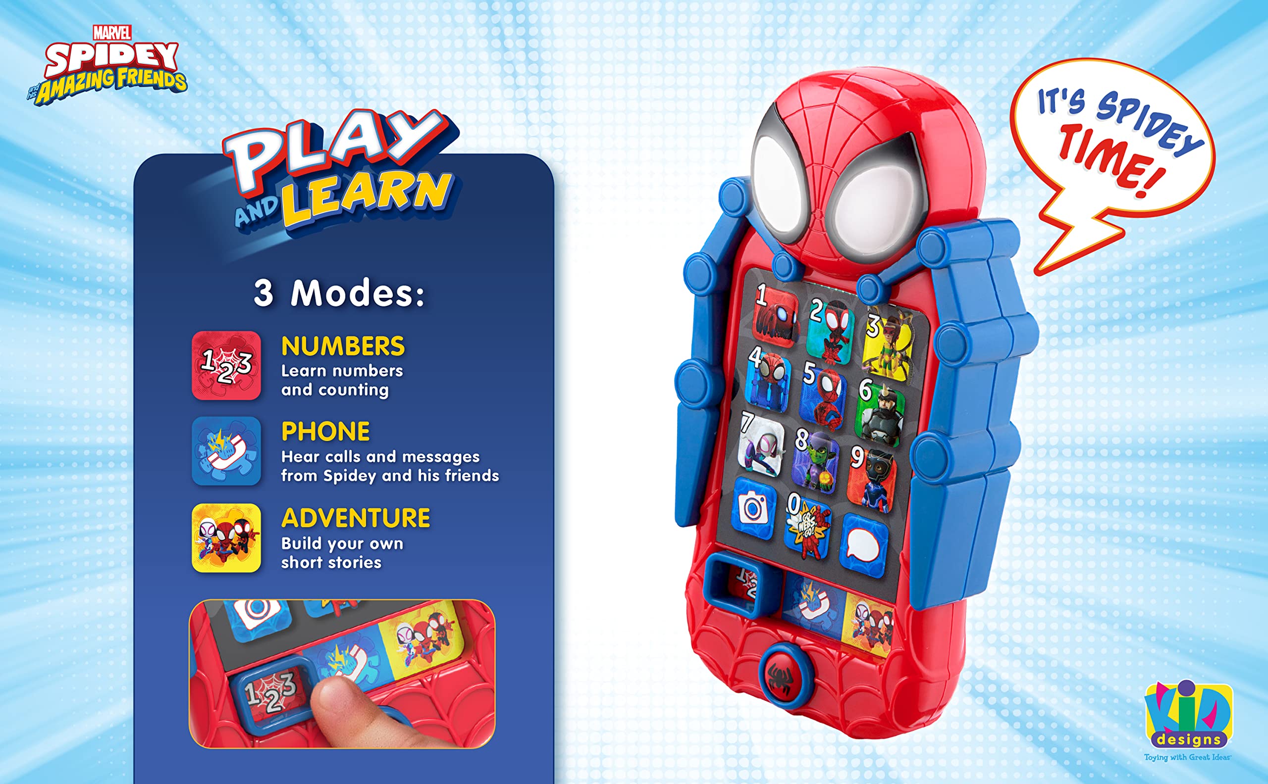 ekids Spidey Phone 75+ songs provide engaging learning moments.