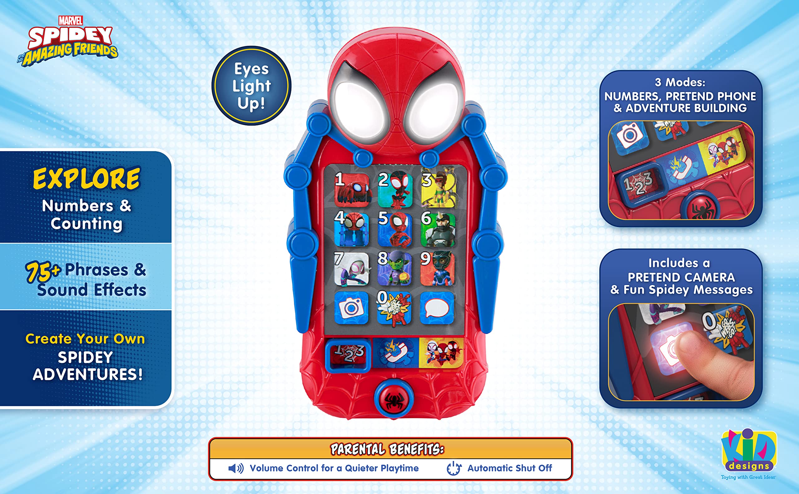 ekids Spidey Phone side view highlights portable, kid-friendly design for travel.