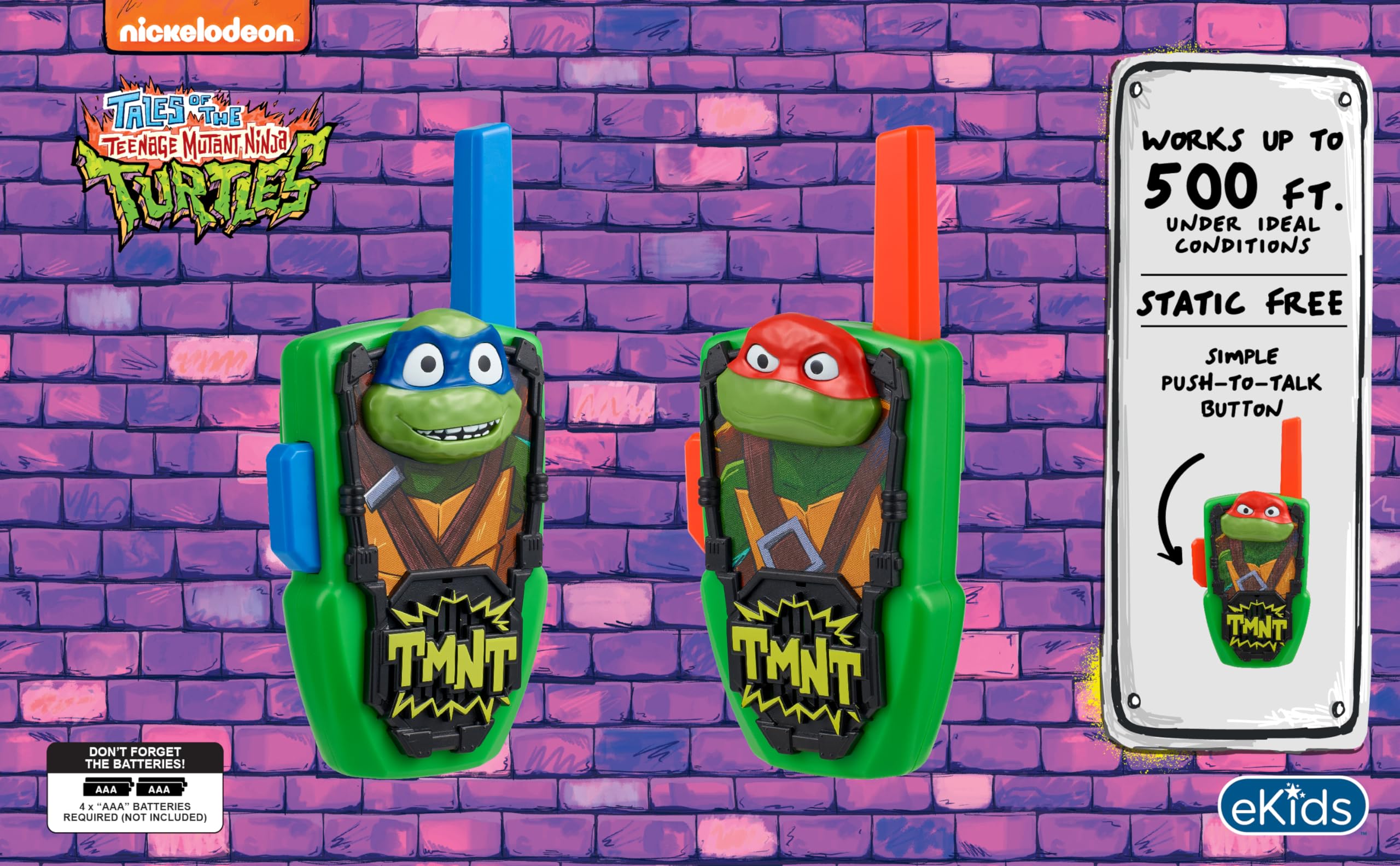 eKids TMNT walkie talkies 500-foot range enable outdoor adventures.