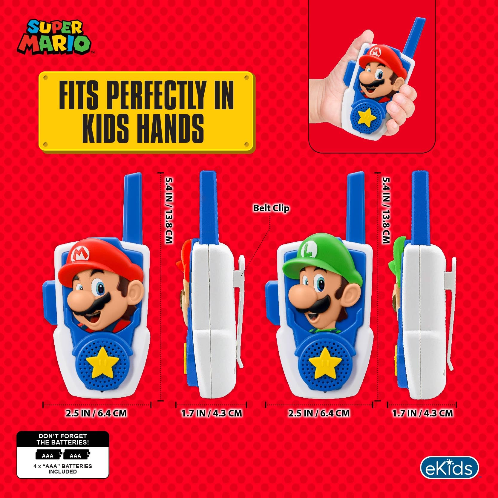 eKids wrist strap and belt clip visual highlights secure portability during games.