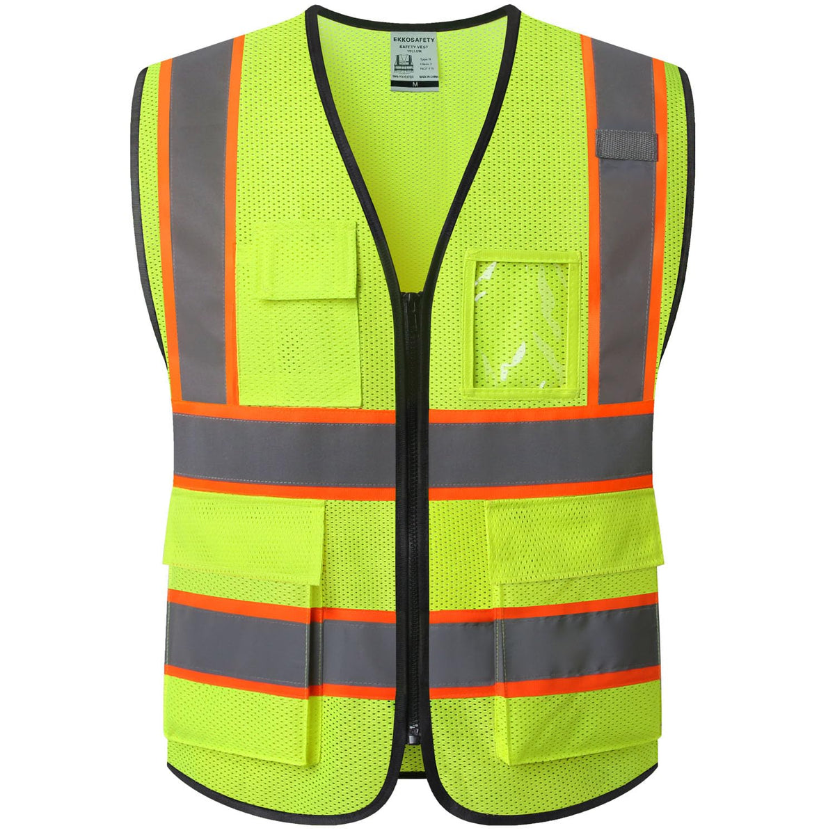 Ekkosafety reflective vest front view with zipper and five pockets