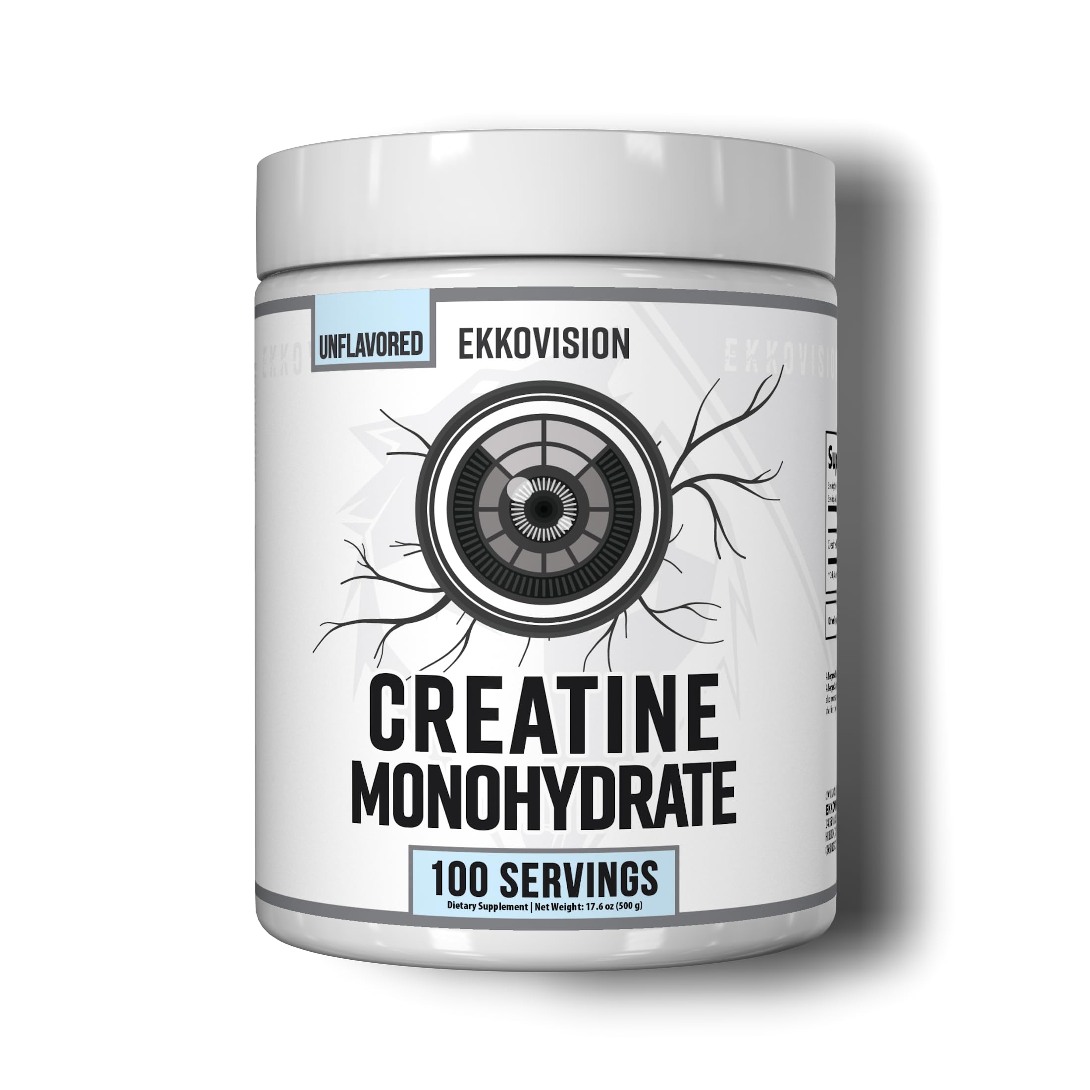 Ekkovision Creatine Monohydrate bottle shows micronized powder for smooth mixing