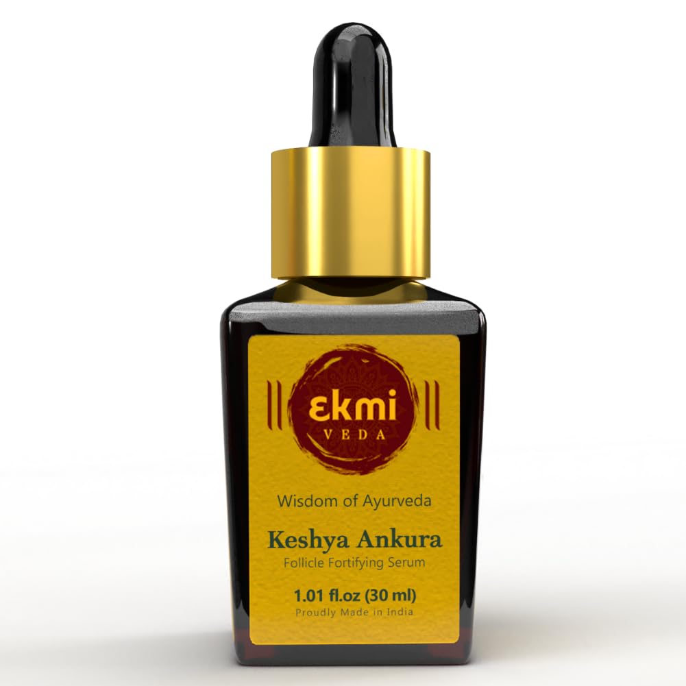 EKMIVEDA Hair Growth Serum bottle front; premium Ayurvedic formulation for scalp nourishment and thicker-looking hair.