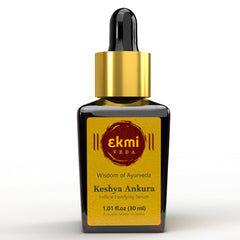 EKMIVEDA Hair Growth Serum bottle front; premium Ayurvedic formulation for scalp nourishment and thicker-looking hair.