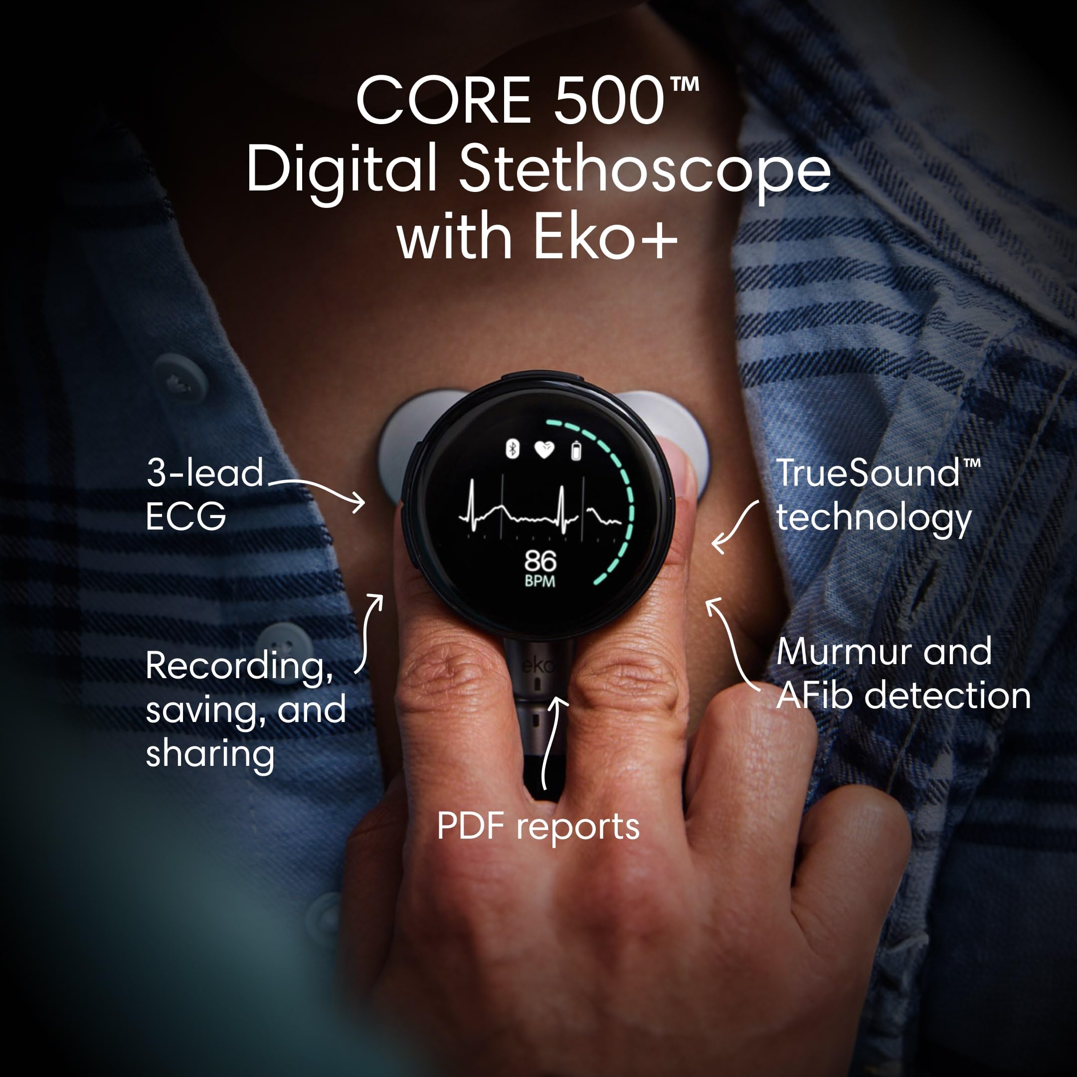 Eko CORE 500 with 3-lead ECG for rapid rhythm checks during rounds.