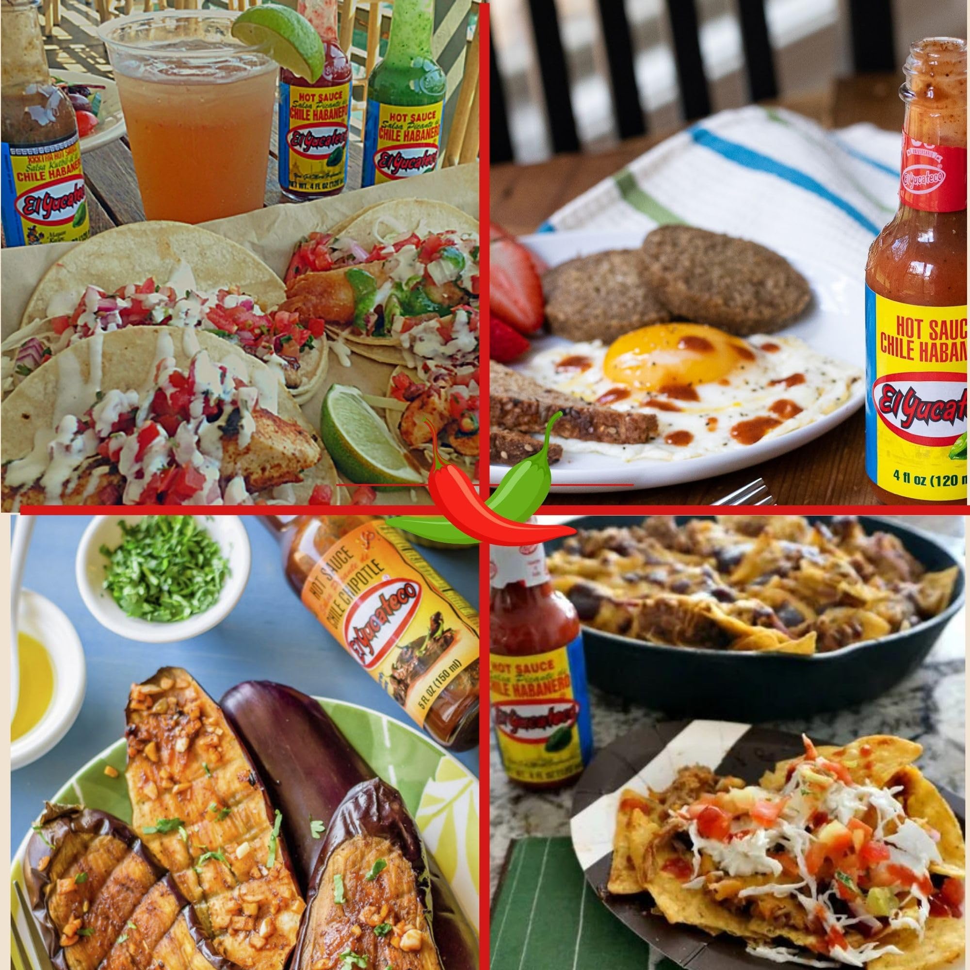 El Yucateco 4-oz bottles display offers versatile kitchen use.