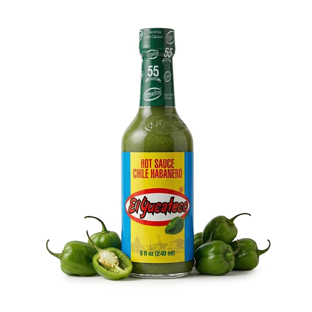 El Yucateco Green Habanero Hot Sauce bottle on counter boosts authentic flavor
