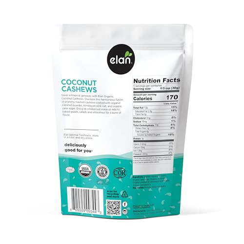 Elan Coconut Cashews packaging front, grab-and-go nutrition.