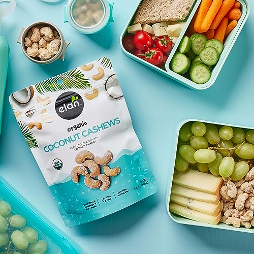 Elan Organic certifications badge, confirms non-GMO and vegan options.