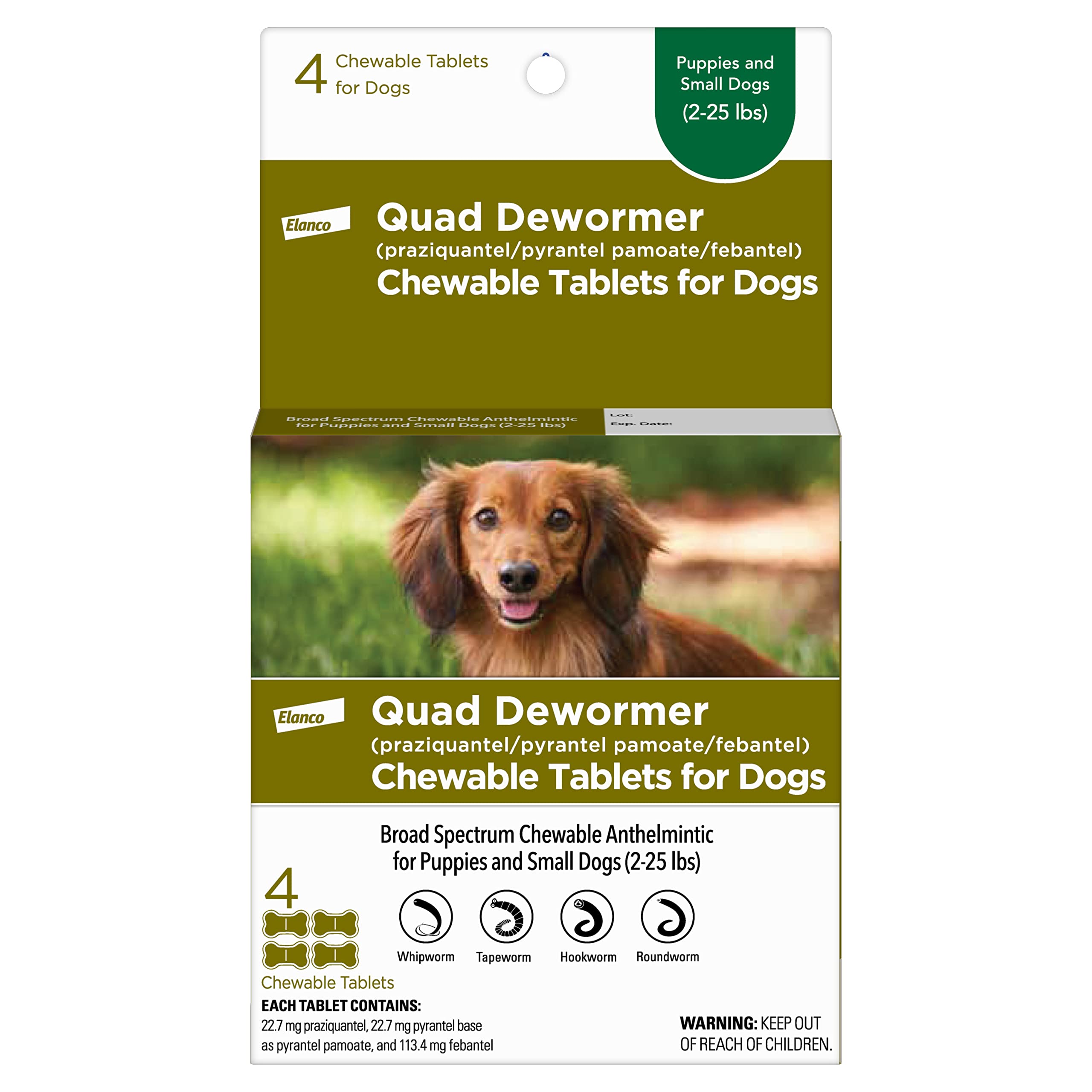 Elanco Quad Dewormer pack shot for small dogs showing packaging and convenience