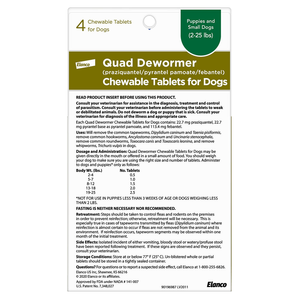 Elanco Quad Dewormer tablets close-up highlighting beef flavor for easy administration