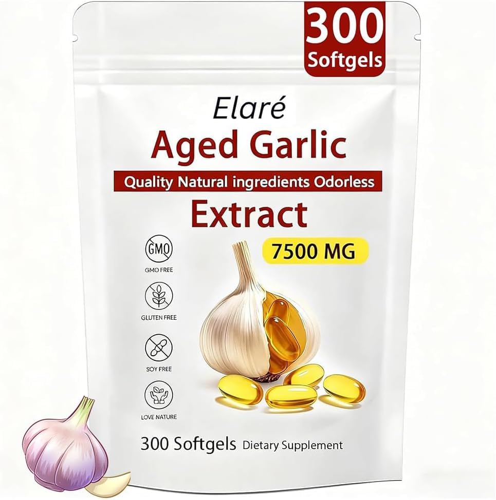 ELARE aged garlic extract capsules bottle showing odorless formula for daily heart and immune support.