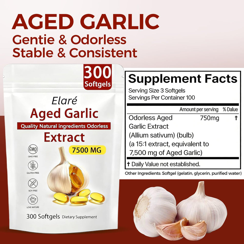 ELARE odorless garlic softgels close-up highlighting odorless feature and easy daily intake.