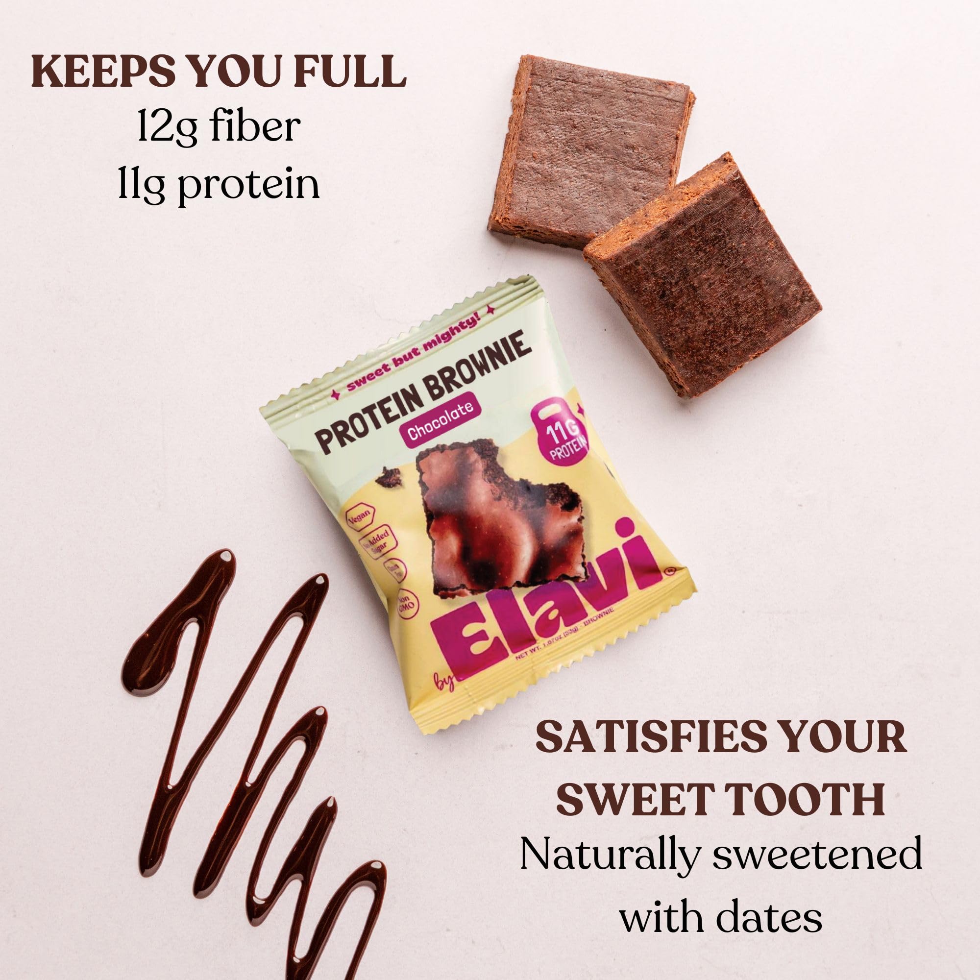ELAVI Protein Brownie ingredients featuring dates and plant protein