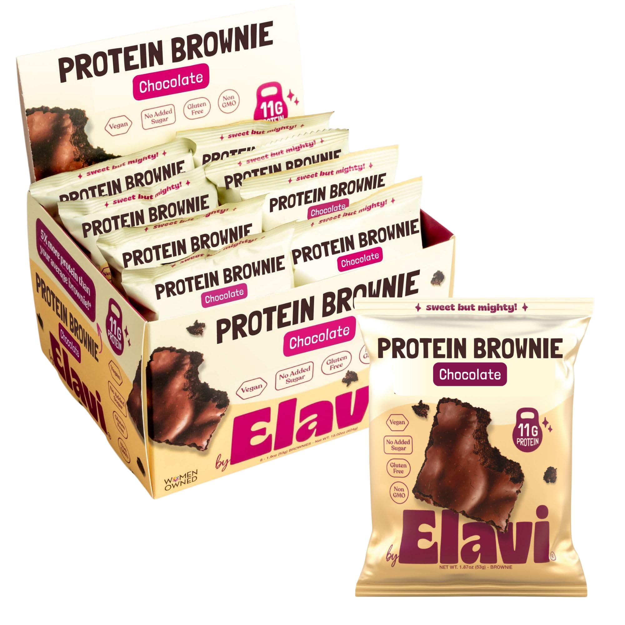 ELAVI Protein Brownie packaging highlighting vegan gluten free and non dairy claims