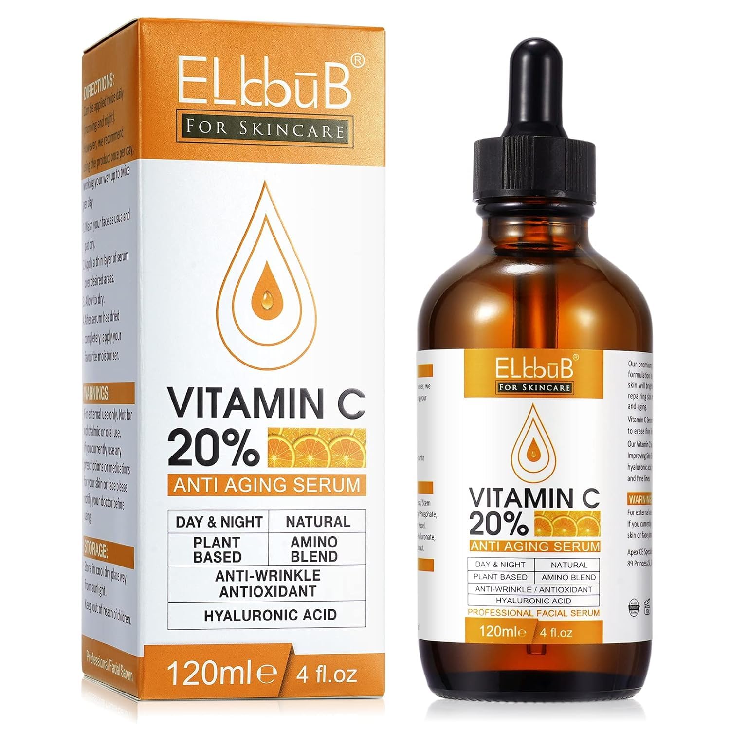 ELBBUB premium vitamin C serum bottle front promotes brightening and daily skin nourishment.