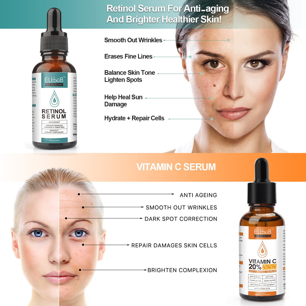 ELBBUB vitamin C serum bottle drops showing hydration and brightness potential