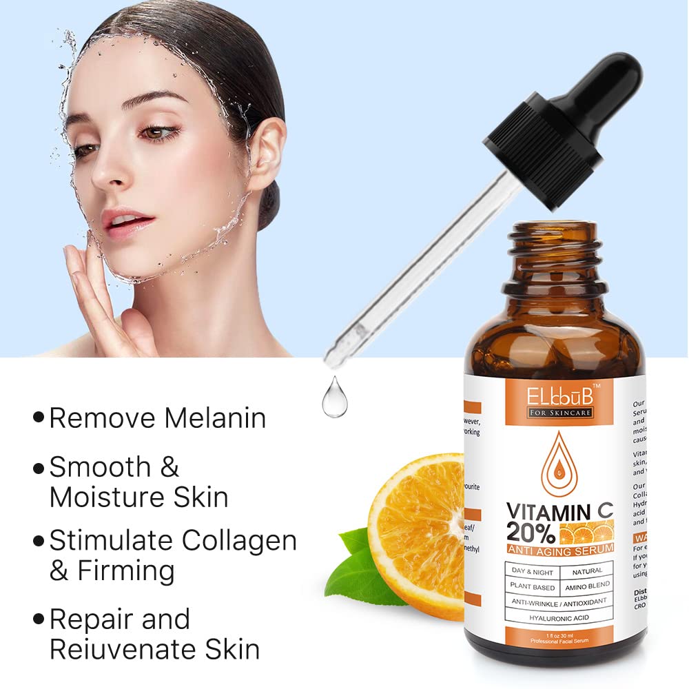 ELBBUB vitamin C serum label close-up showing antioxidant benefits.