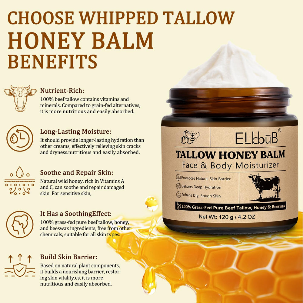 ELBBUB Whipped Tallow Cream jar shown during application for quick, oil-free absorption