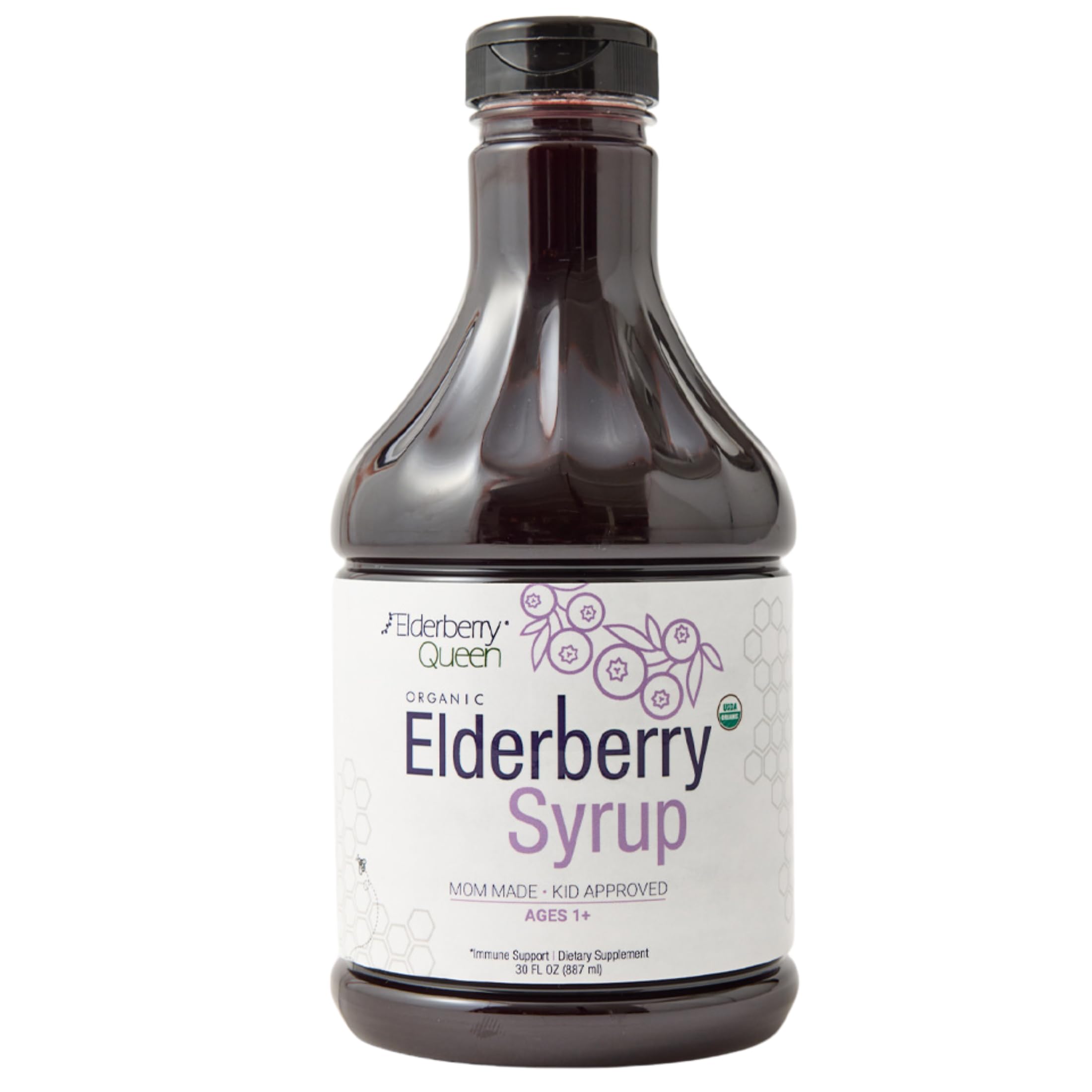 Elderberry Queen organic elderberry syrup bottle with 30 oz size and label