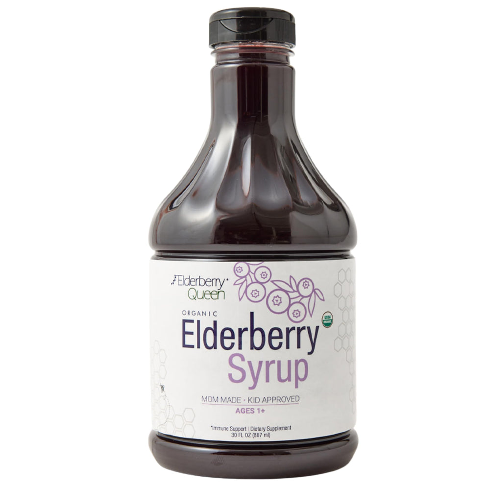 Elderberry Queen organic elderberry syrup bottle with 30 oz size and label