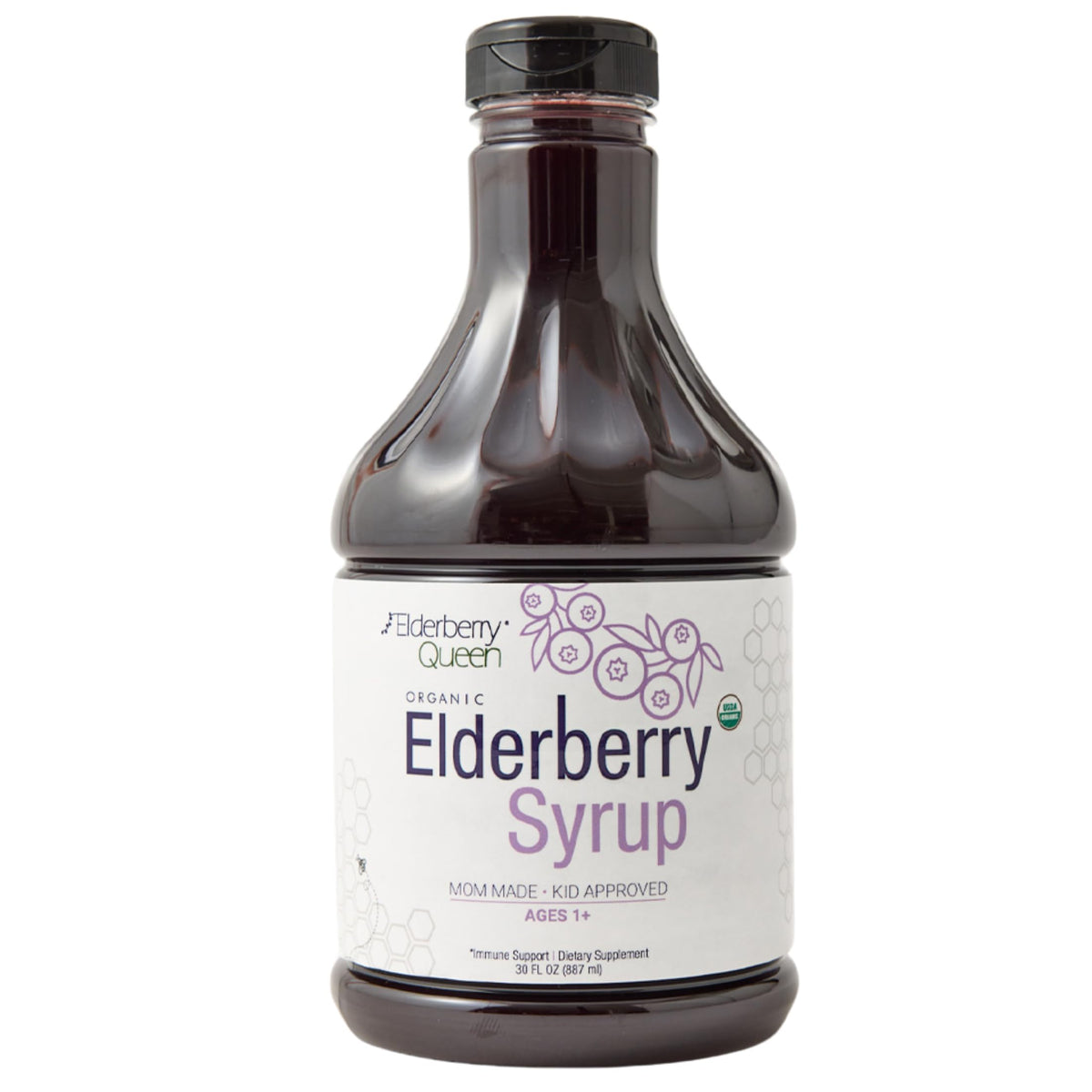Elderberry Queen organic elderberry syrup bottle with 30 oz size and label