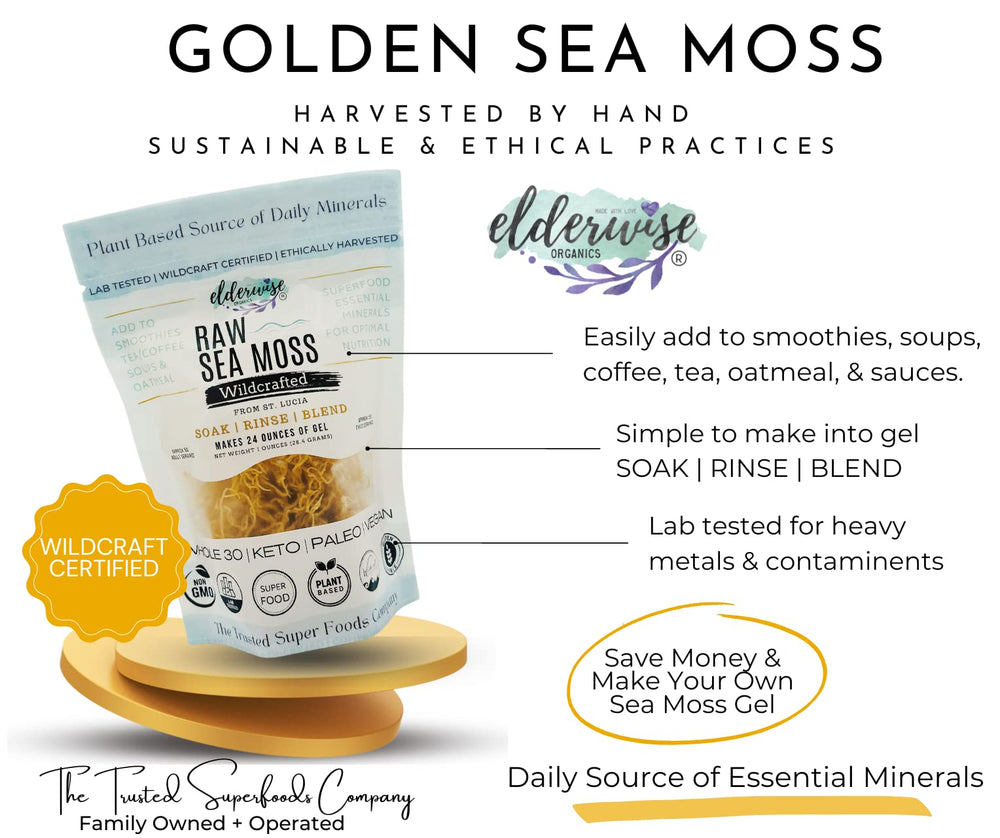 Elderwise Wildcrafted Golden Sea Moss image, perfect for nutrient-dense smoothies