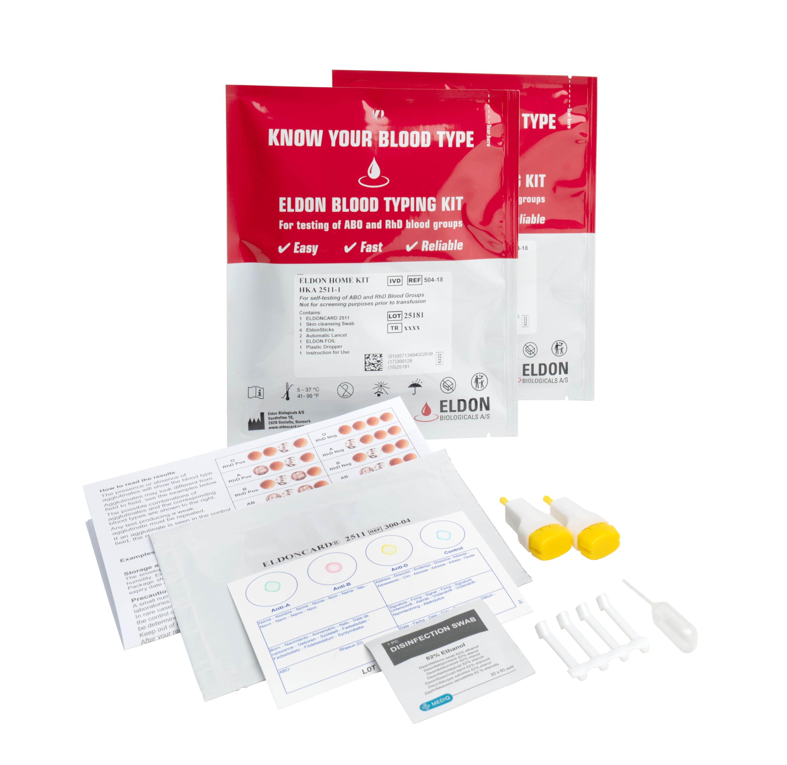 EldonCard blood typing card displays ABO and RhD results for home use