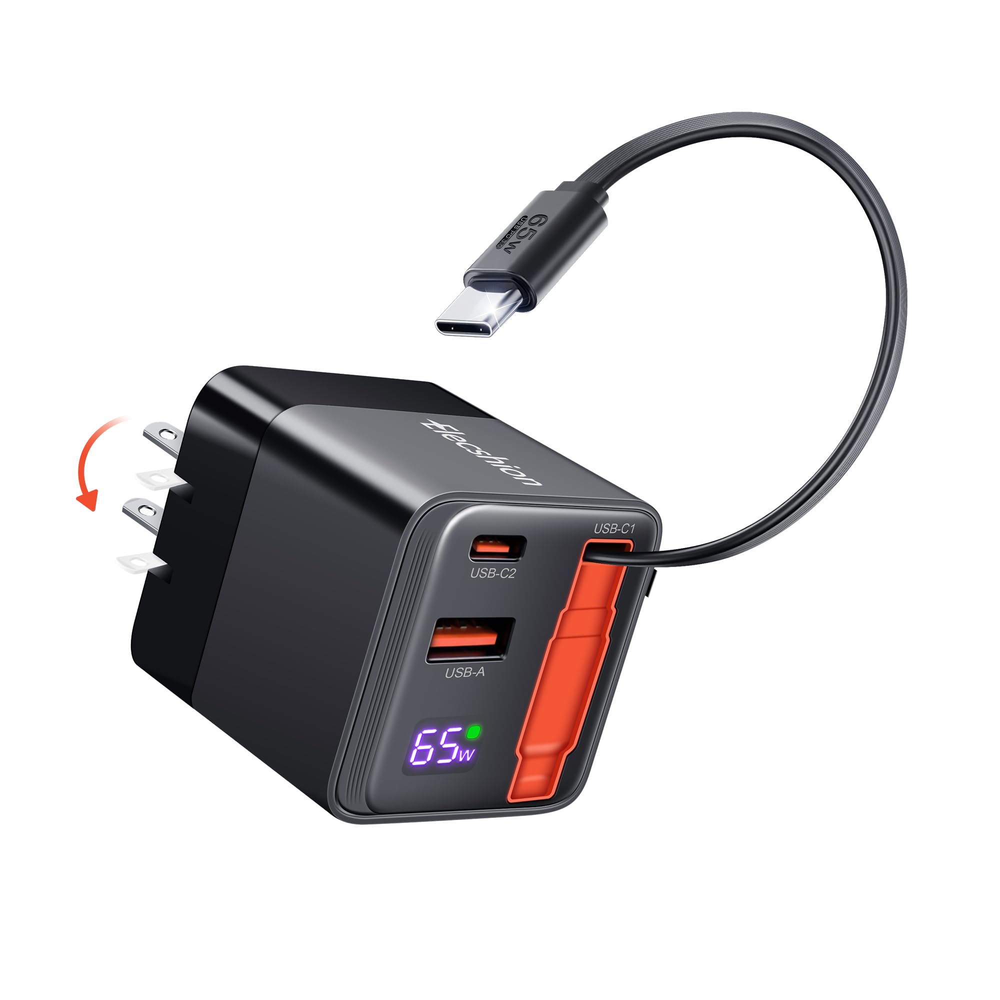 Elecshion 65W GaN charger with retractable cable for versatile charging