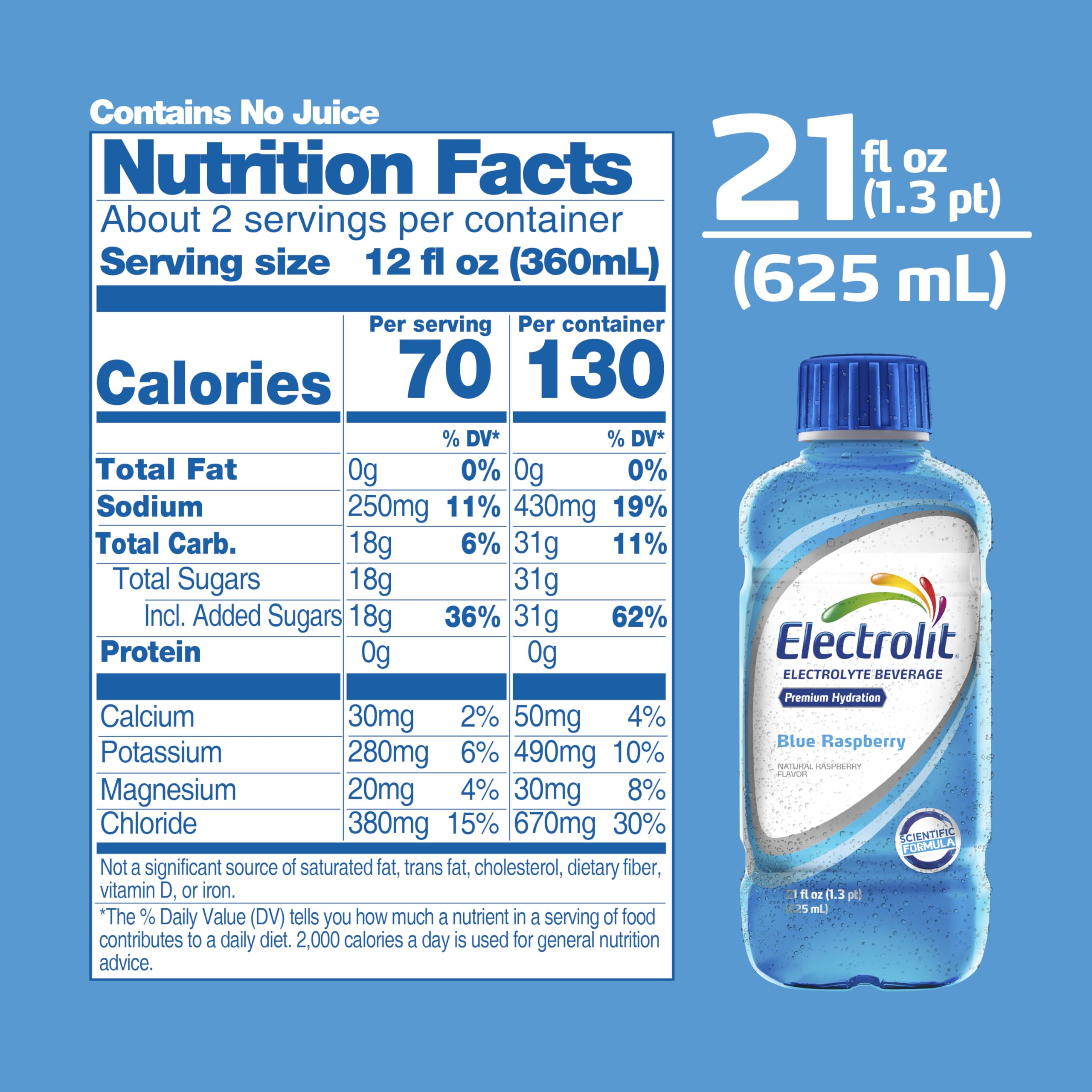 Electrolit Blue Raspberry drink with ice cubes suggests refreshing hydration.