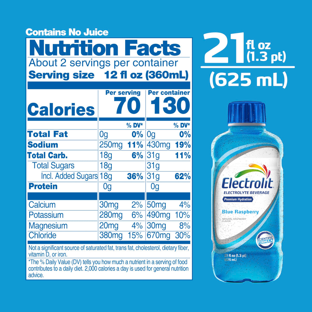 Electrolit Blue Raspberry drink with ice cubes suggests refreshing hydration.