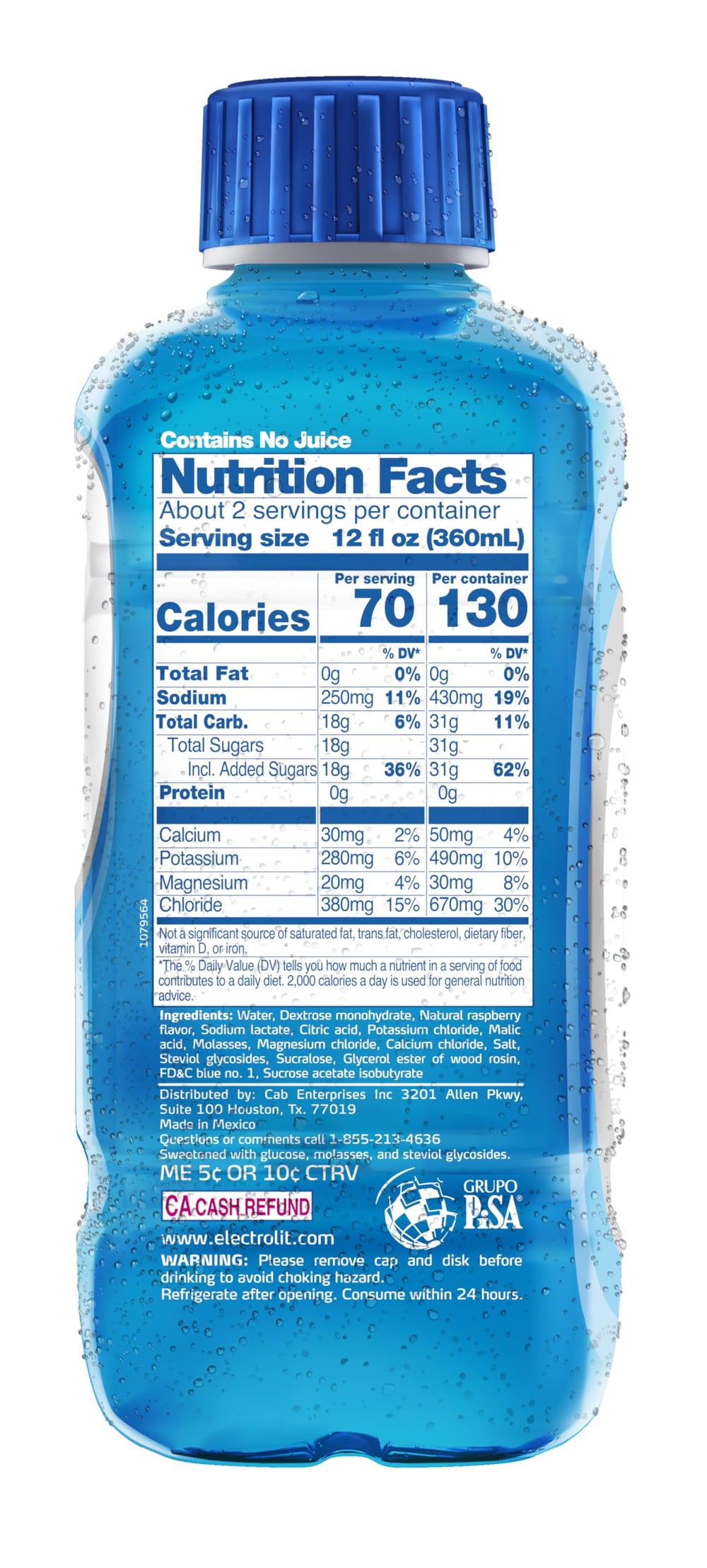 Electrolit Blue Raspberry label closeup highlights electrolyte minerals.