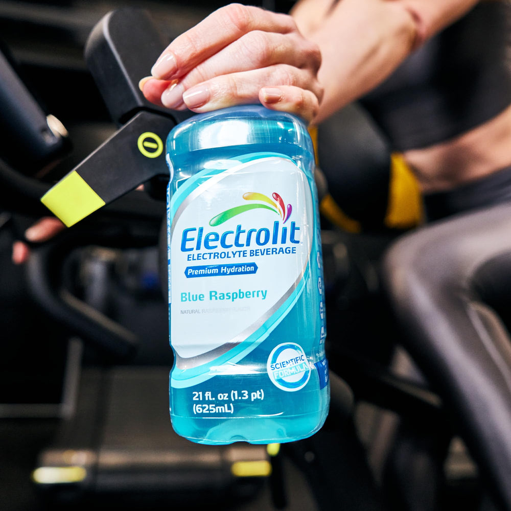 Electrolit Blue Raspberry on-the-go hydration bottle for daily use.