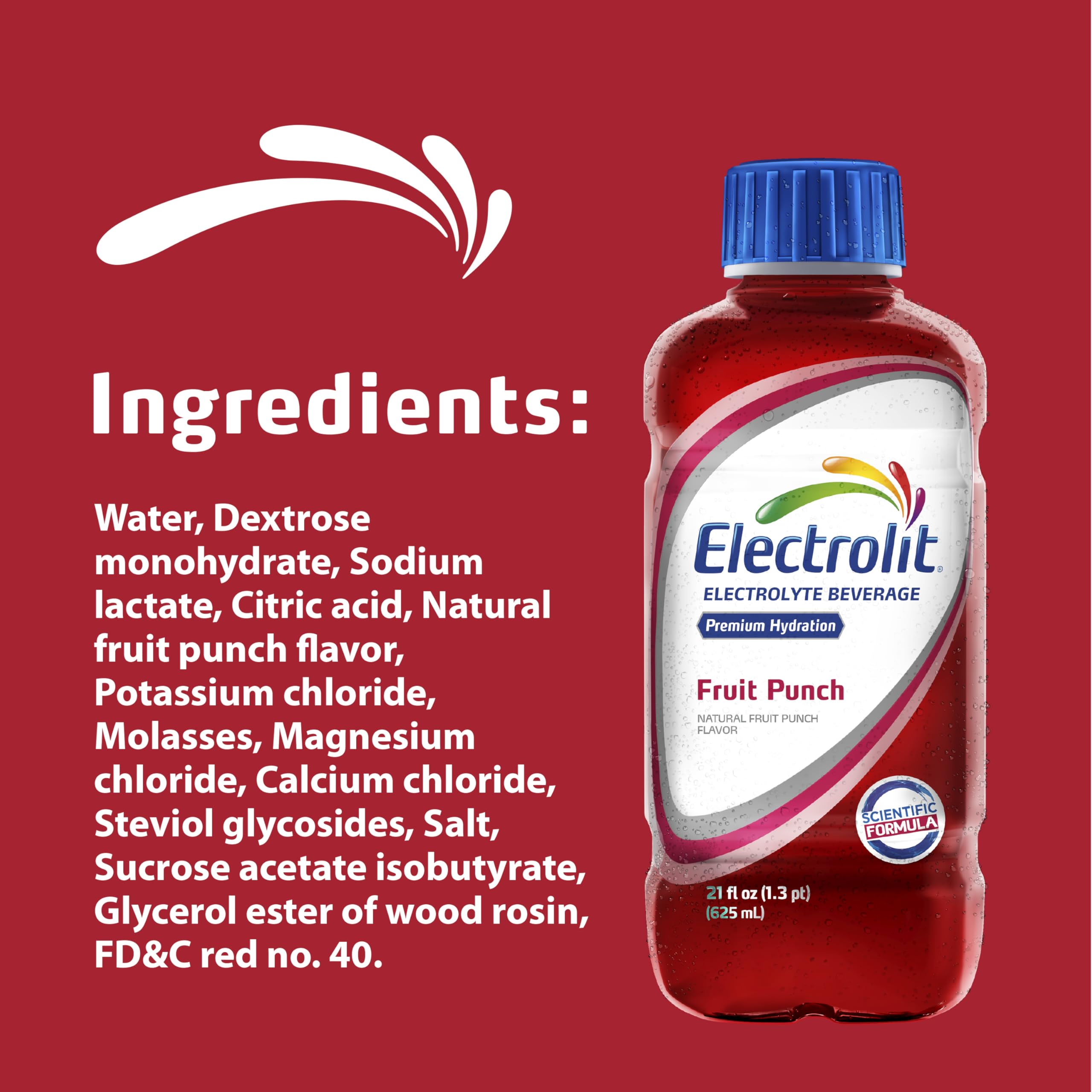 Electrolit Fruit Punch label closeup highlighting ingredients and freshness.