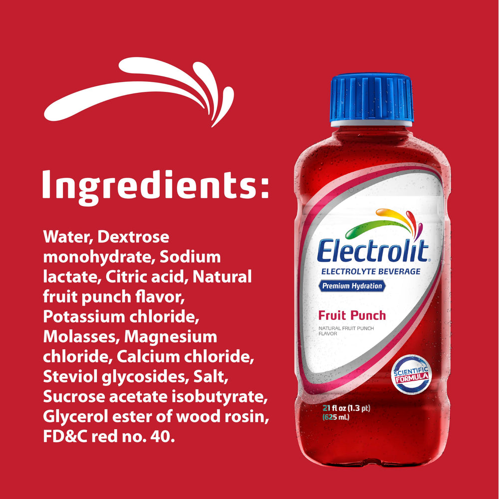 Electrolit Fruit Punch label closeup highlighting ingredients and freshness.